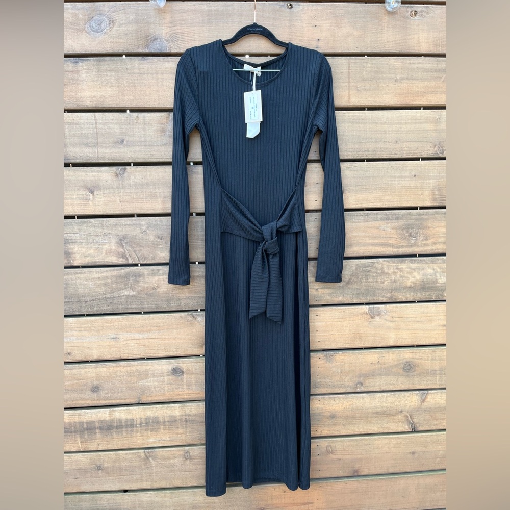 NWT Mystree ribbed long line dress, tie waist, black, sz Small